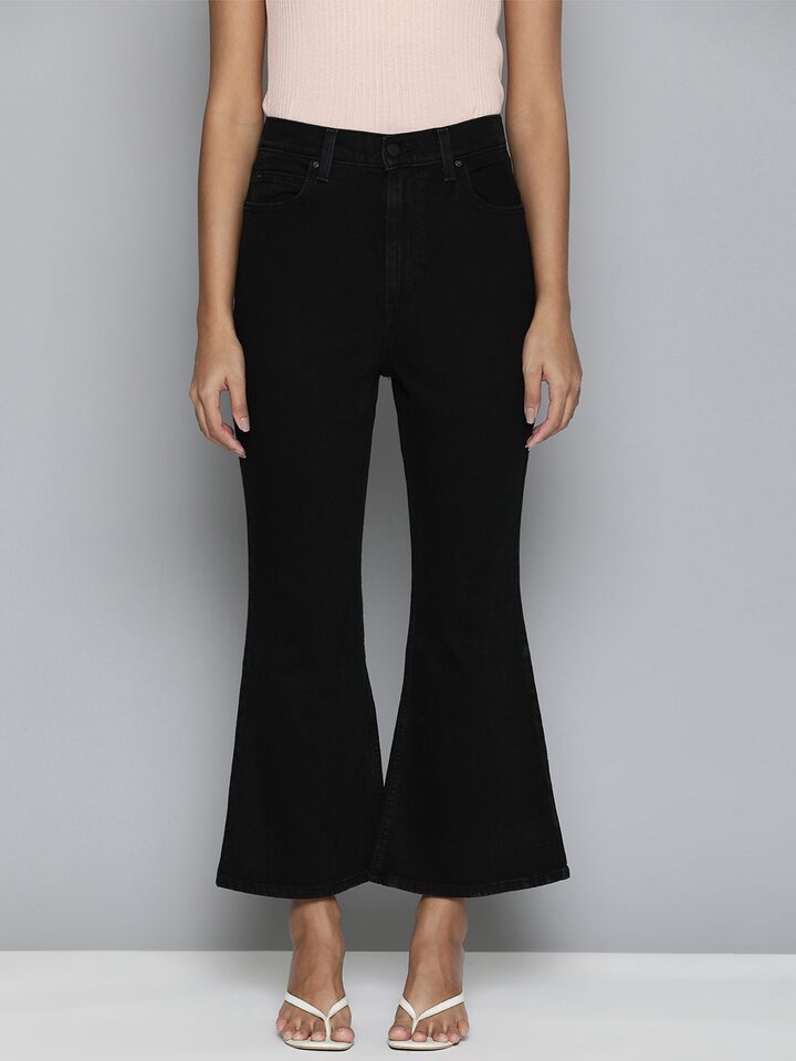 Women's 70s Black Flared Fit High Rise Jeans - A14710012-Front View