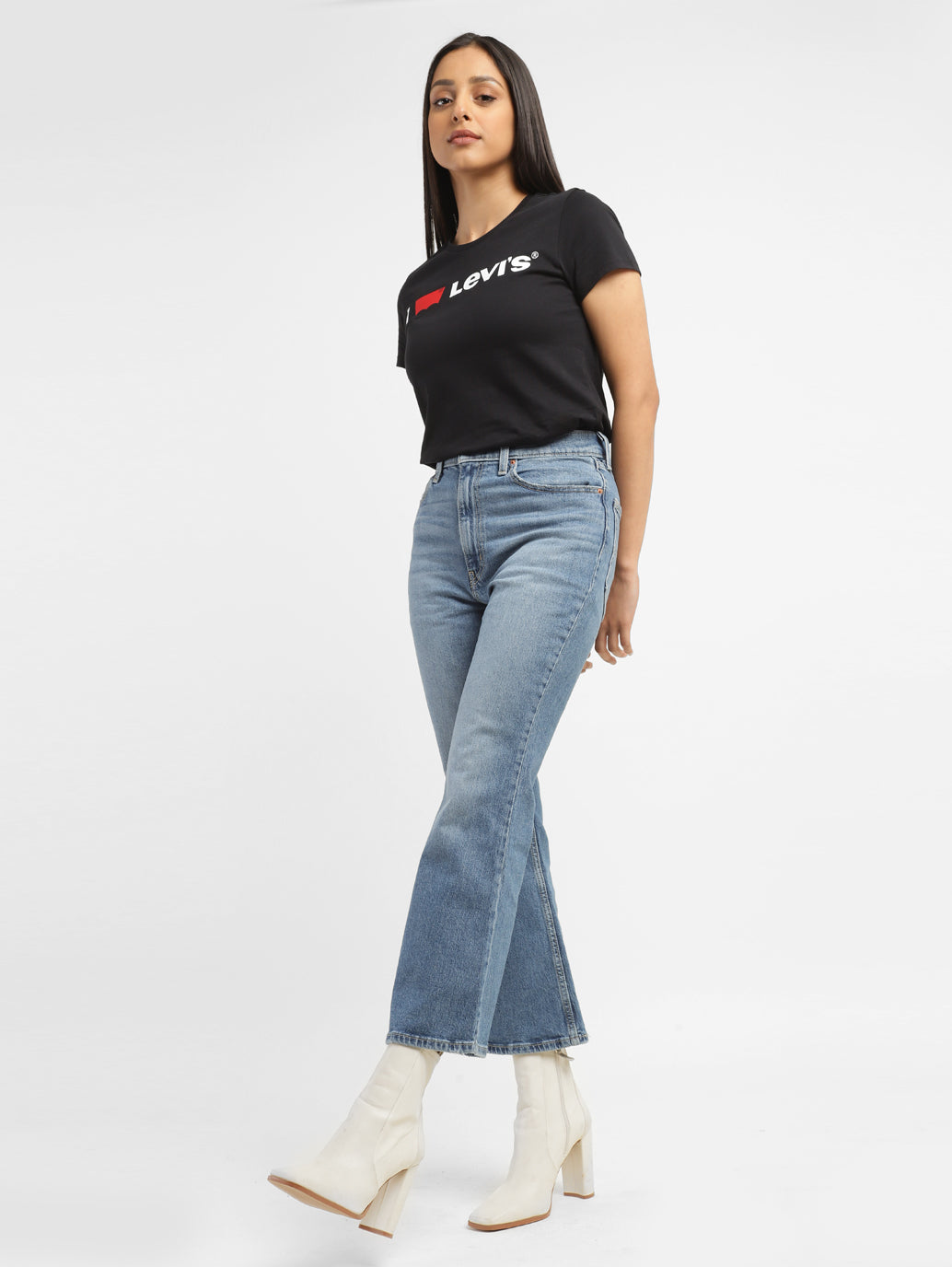 Women's 70s Blue Flared Fit High Rise Jeans - ec1a656a-fb31-4d9e-99da-04677e5ac3b3 View