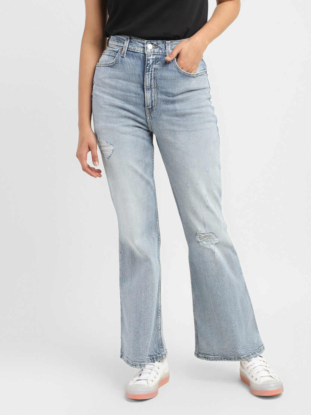 Women's 70s Blue Flared Fit High Rise Jeans - 56ec86a7-c63c-49c1-bbd3-768958e3740e View