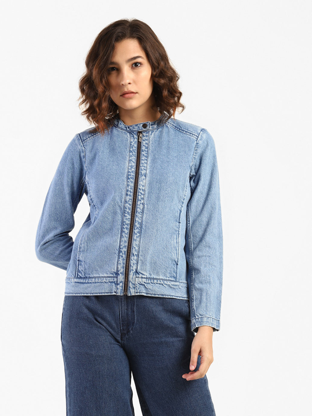 Women's Solid Band Neck Denim Jacket - 22011f29-c7bd-4452-8275-978f9656a036 View