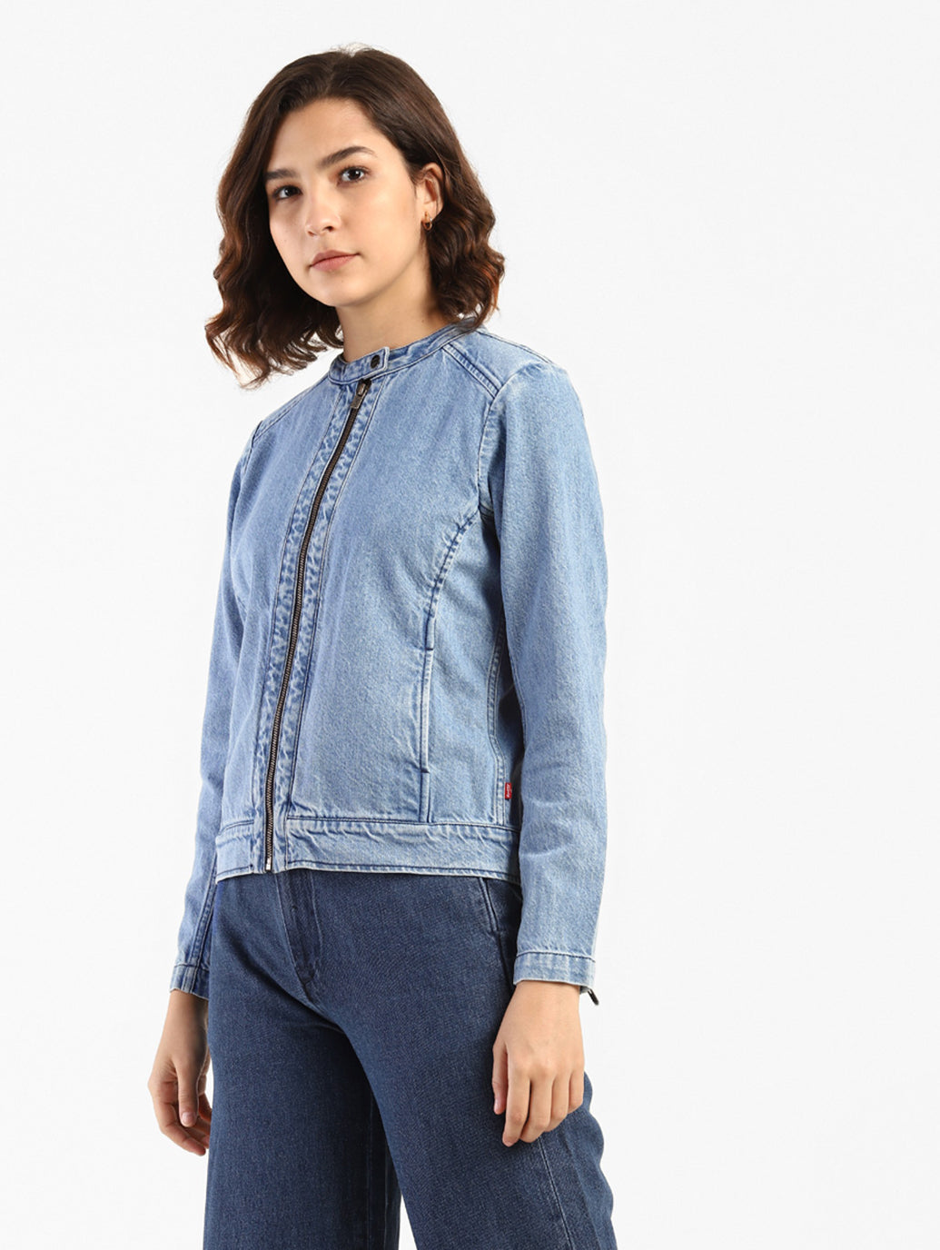 Women's Solid Band Neck Denim Jacket - 16828393-aee4-40de-974d-4ac7a75f6e64 View