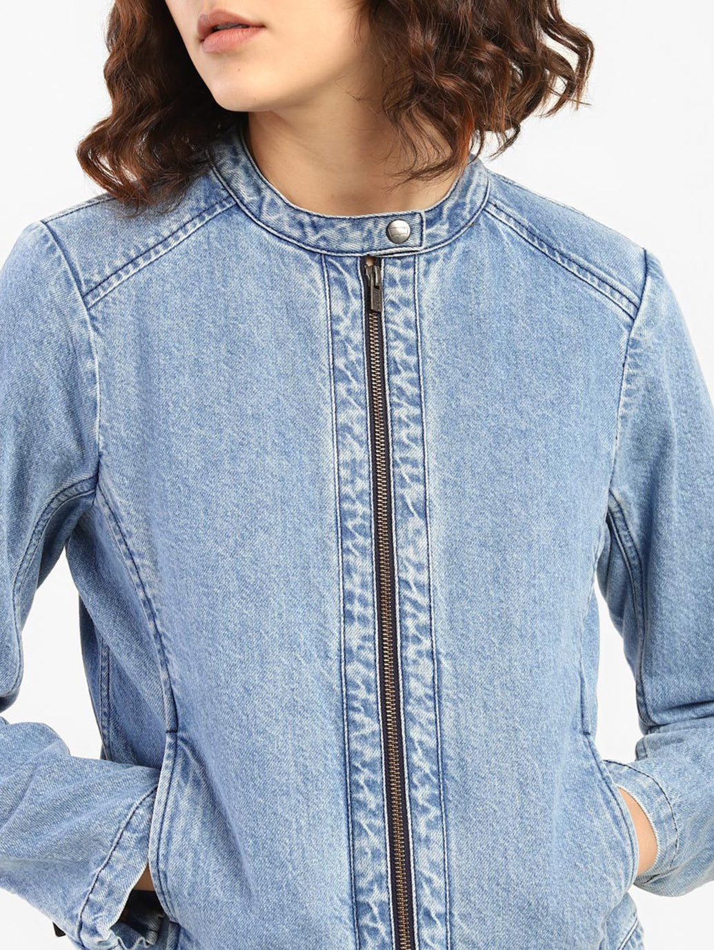 Women's Solid Band Neck Denim Jacket - 120091c2-96b1-4f82-bd64-2e0bd79e8e7b View