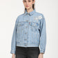 Women's Floral Print Blue Spread Collar Denim Trucker Jacket - Front View