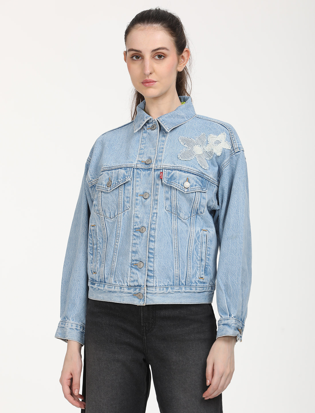 Women's Floral Print Blue Spread Collar Denim Trucker Jacket - Front View