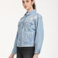 Women's Floral Print Blue Spread Collar Denim Trucker Jacket - RightSide View