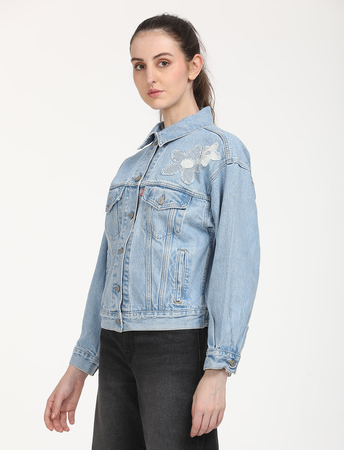 Women's Floral Print Blue Spread Collar Denim Trucker Jacket - RightSide View