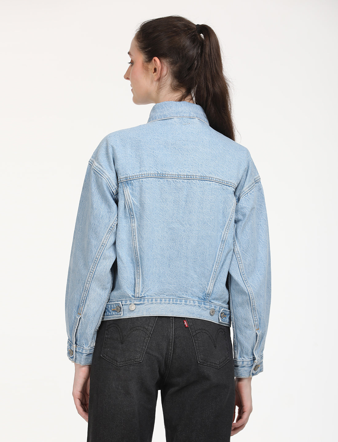 Women's Floral Print Blue Spread Collar Denim Trucker Jacket - Back View
