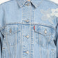 Women's Floral Print Blue Spread Collar Denim Trucker Jacket - Detail View