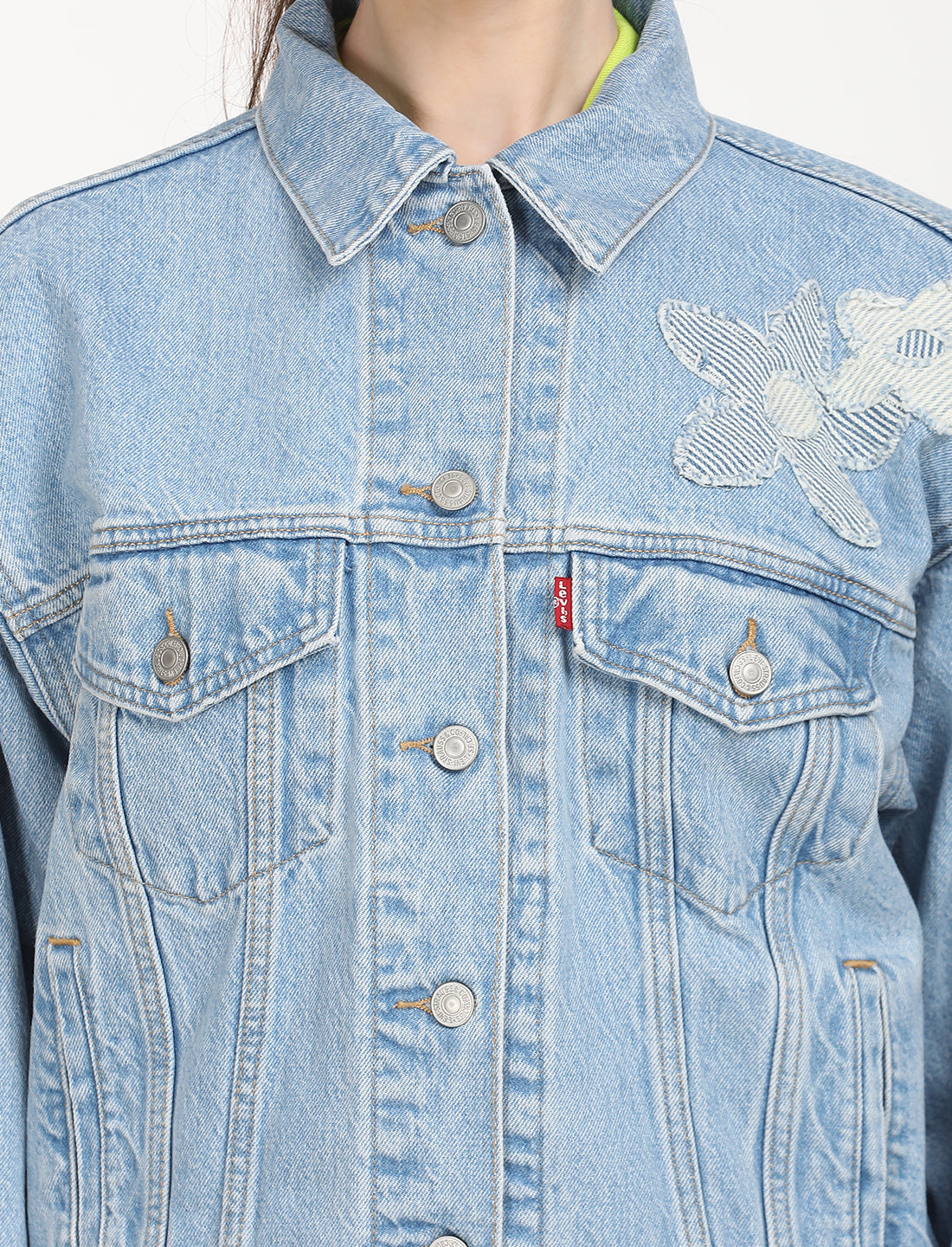 Women's Floral Print Blue Spread Collar Denim Trucker Jacket - Detail View