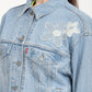 Women's Floral Print Blue Spread Collar Denim Trucker Jacket - Detail View