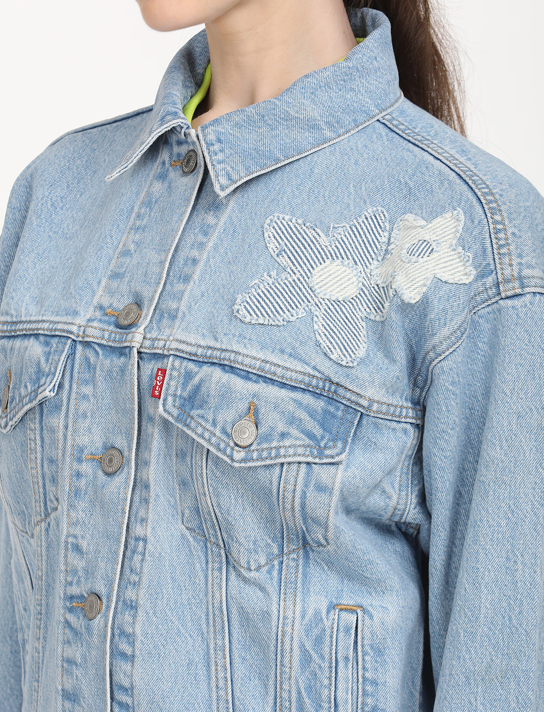 Women's Floral Print Blue Spread Collar Denim Trucker Jacket - Detail View