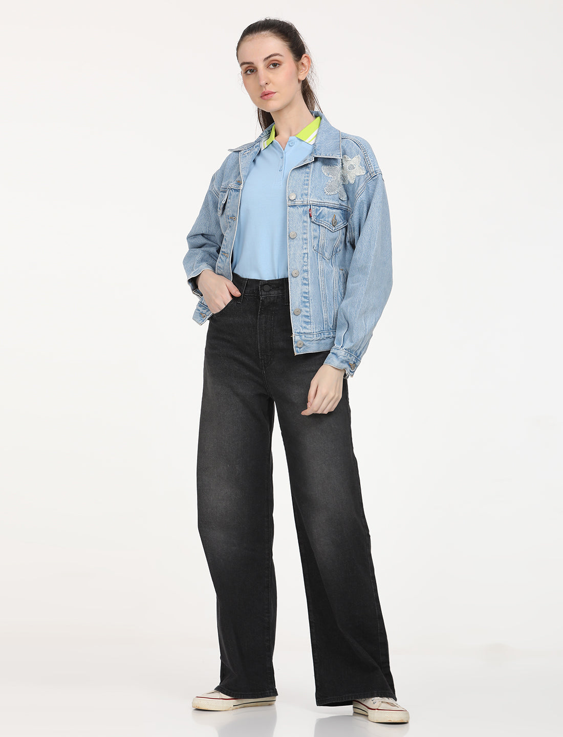 Women's Floral Print Blue Spread Collar Denim Trucker Jacket - 7 View