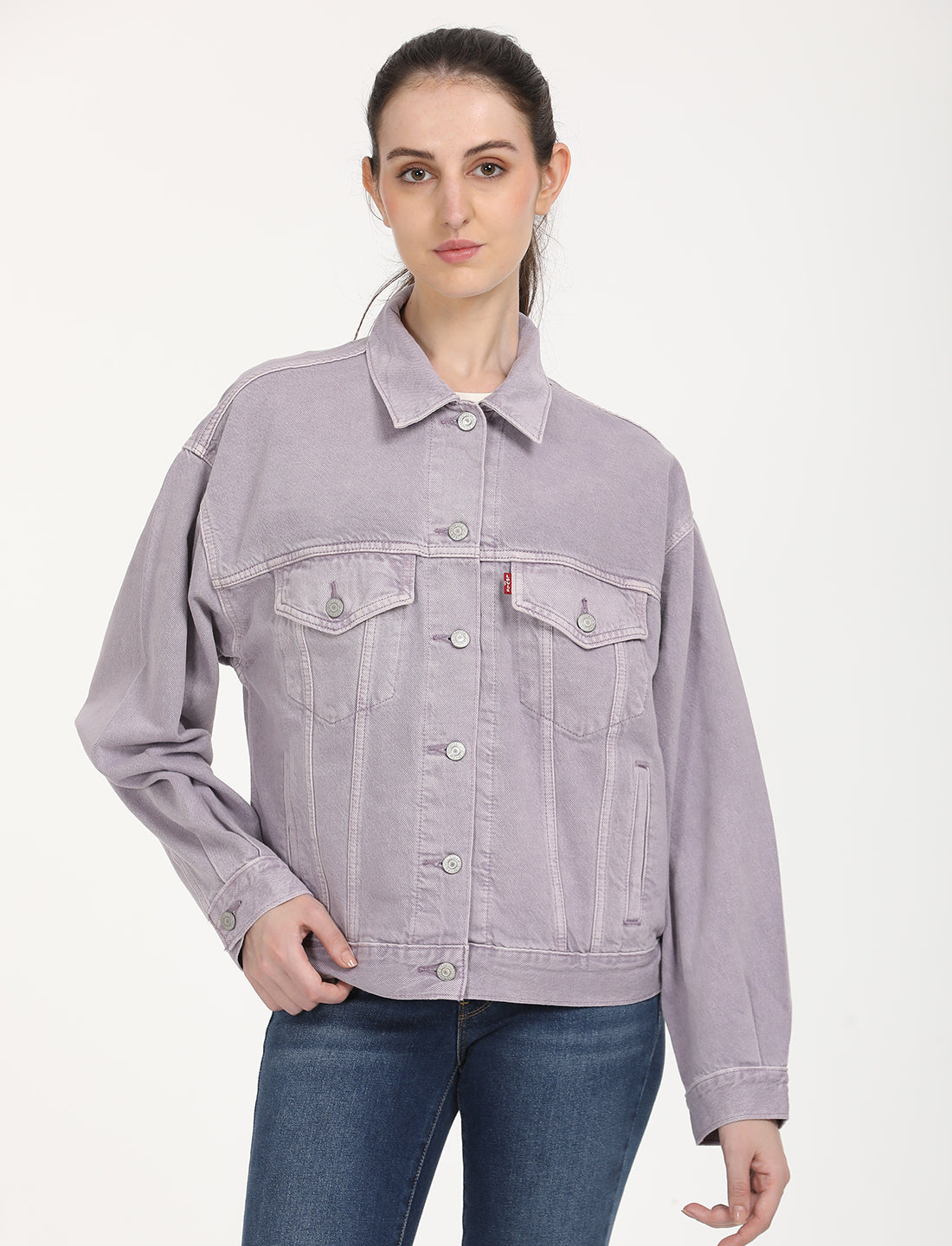 Women's Solid Purple Spread Collar Denim Trucker Jacket - Front View