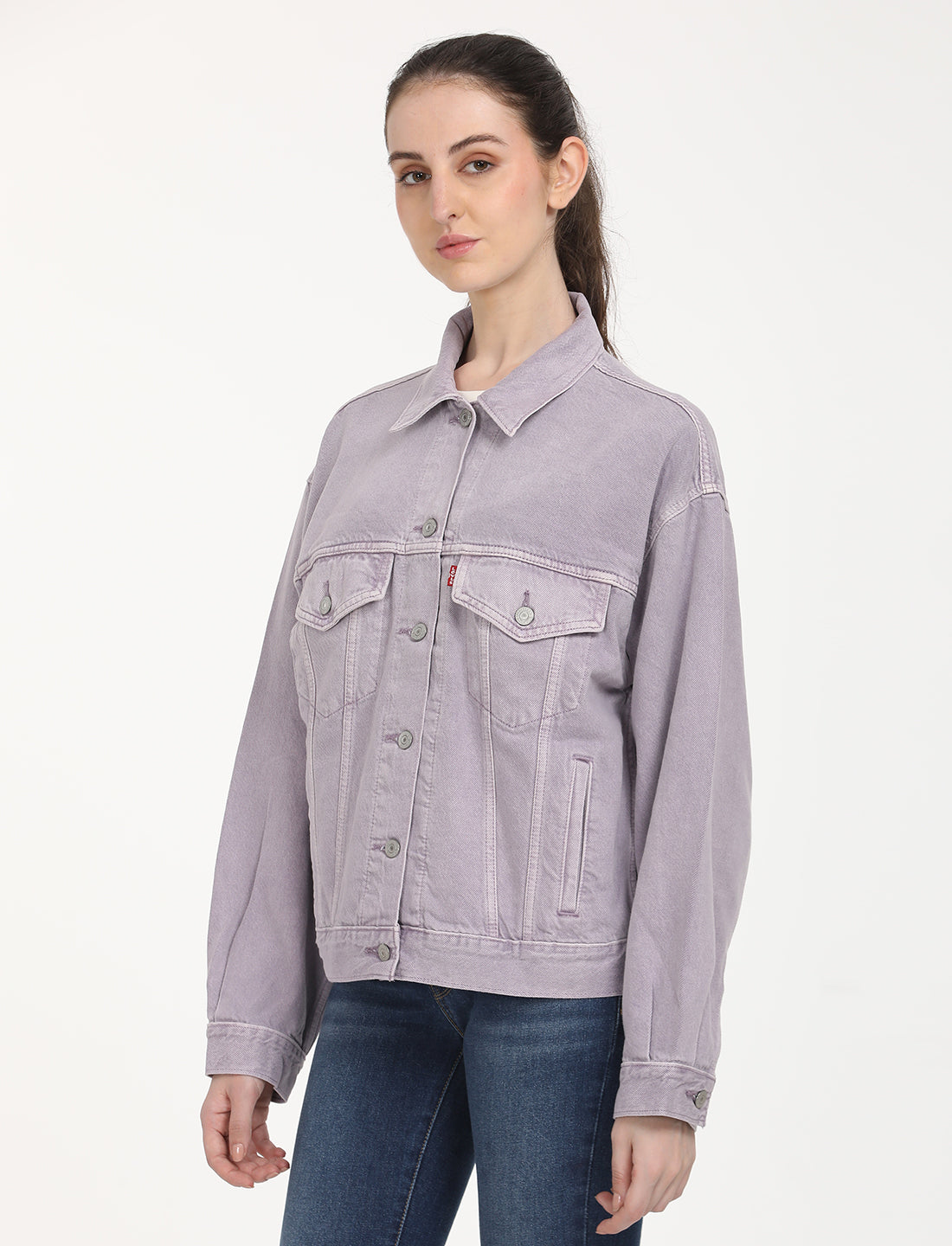 Women's Solid Purple Spread Collar Denim Trucker Jacket - RightSide View
