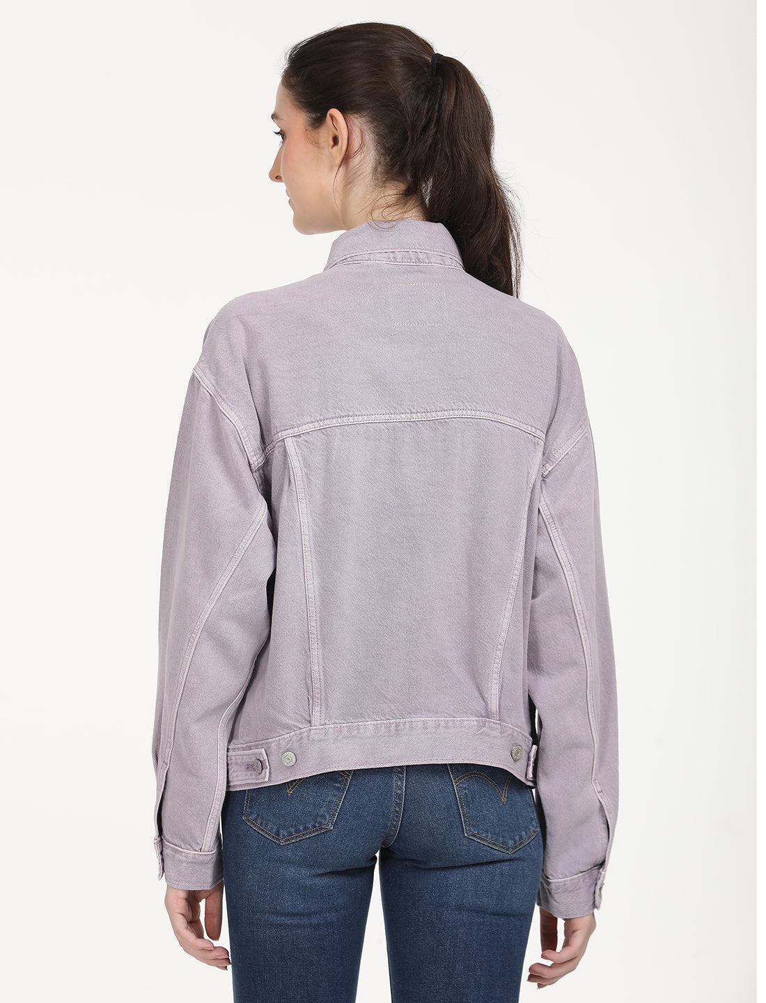 Women's Solid Purple Spread Collar Denim Trucker Jacket - Back View