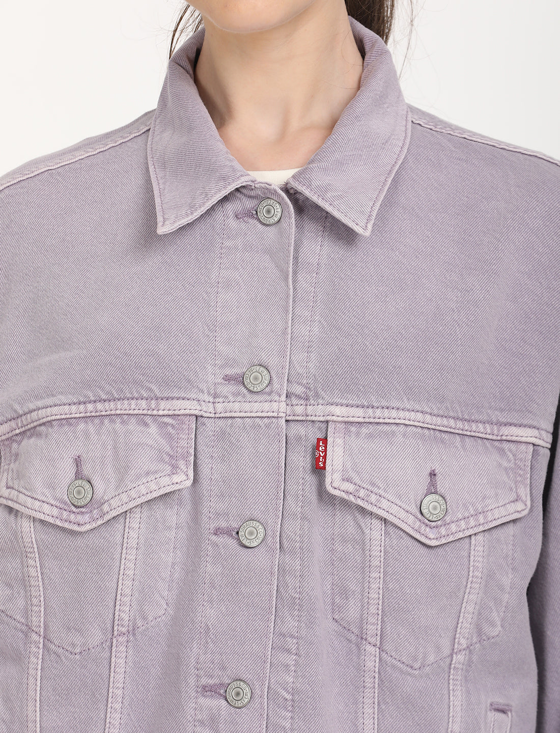 Women's Solid Purple Spread Collar Denim Trucker Jacket - Detail View