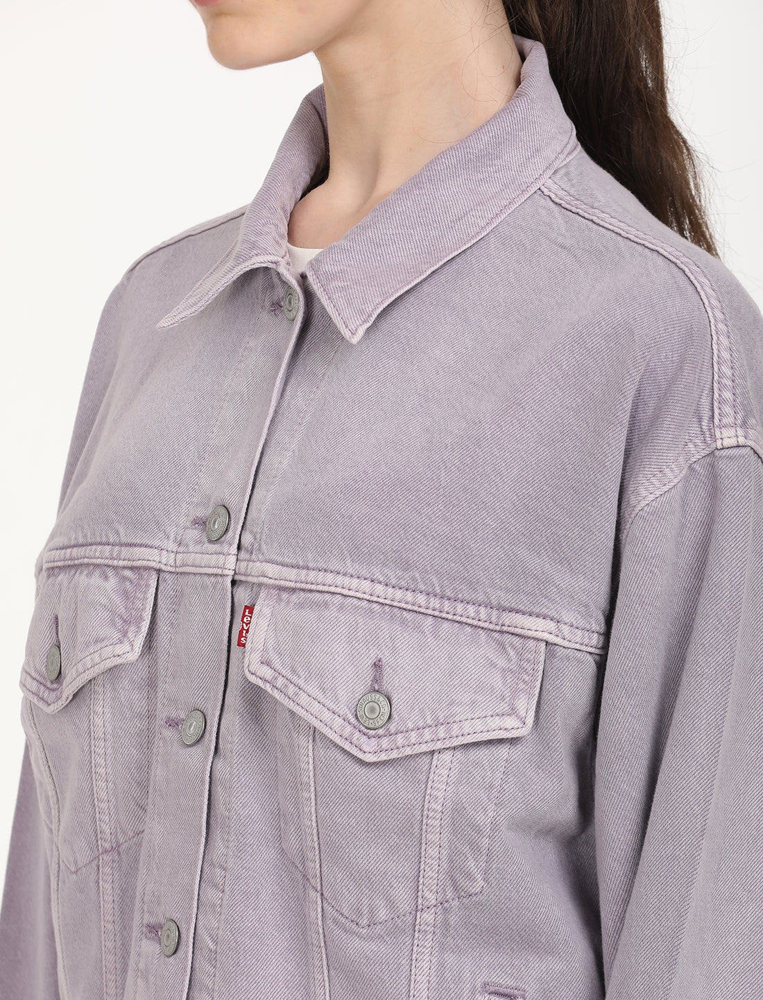 Women's Solid Purple Spread Collar Denim Trucker Jacket - Detail View