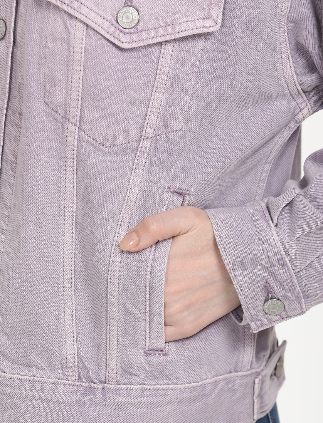 Women's Solid Purple Spread Collar Denim Trucker Jacket - 6 View