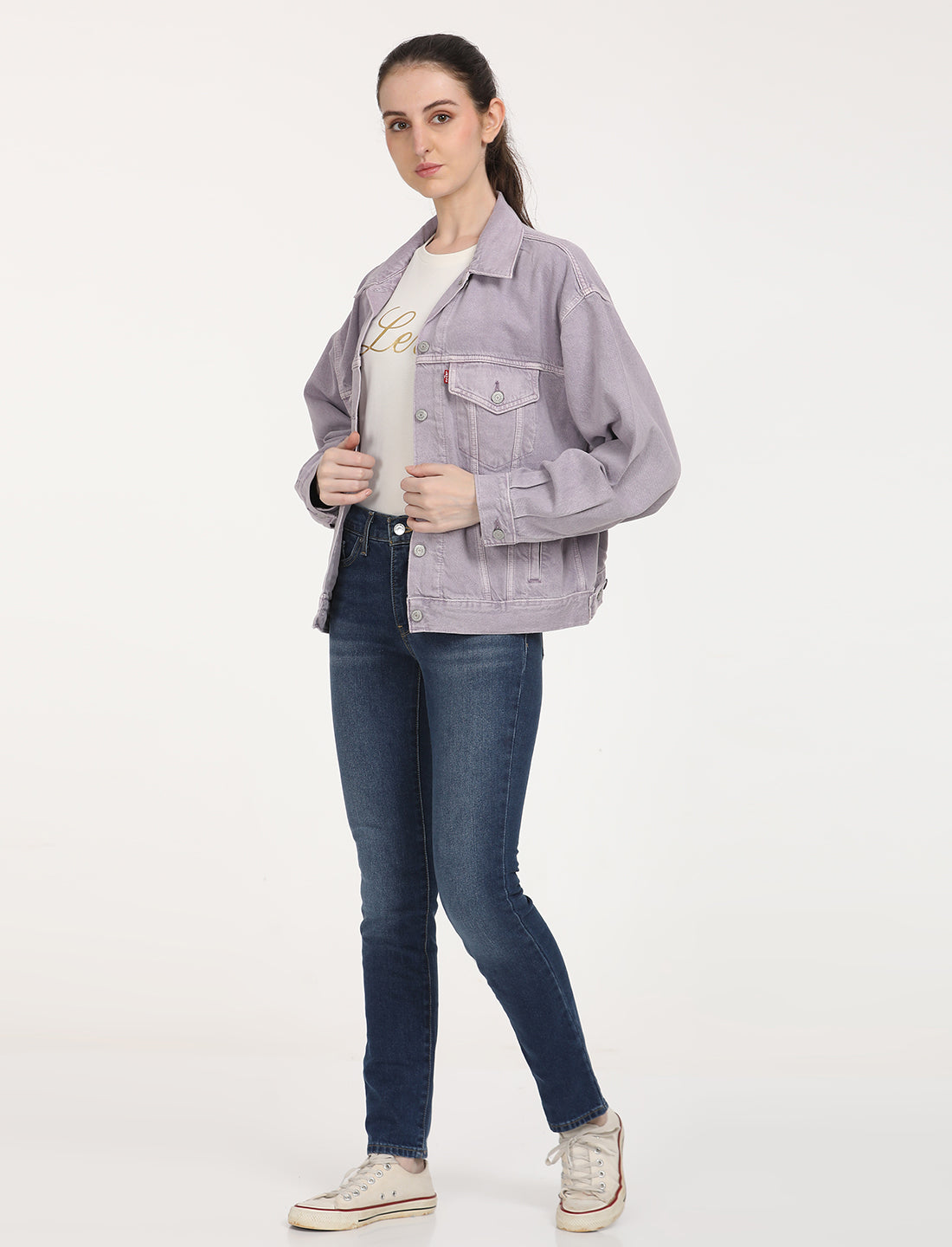 Women's Solid Purple Spread Collar Denim Trucker Jacket - 7 View