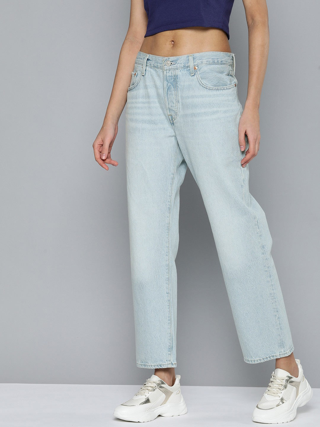 Women's 501'90 Blue Straight Fit Mid Rise Jeans - side View