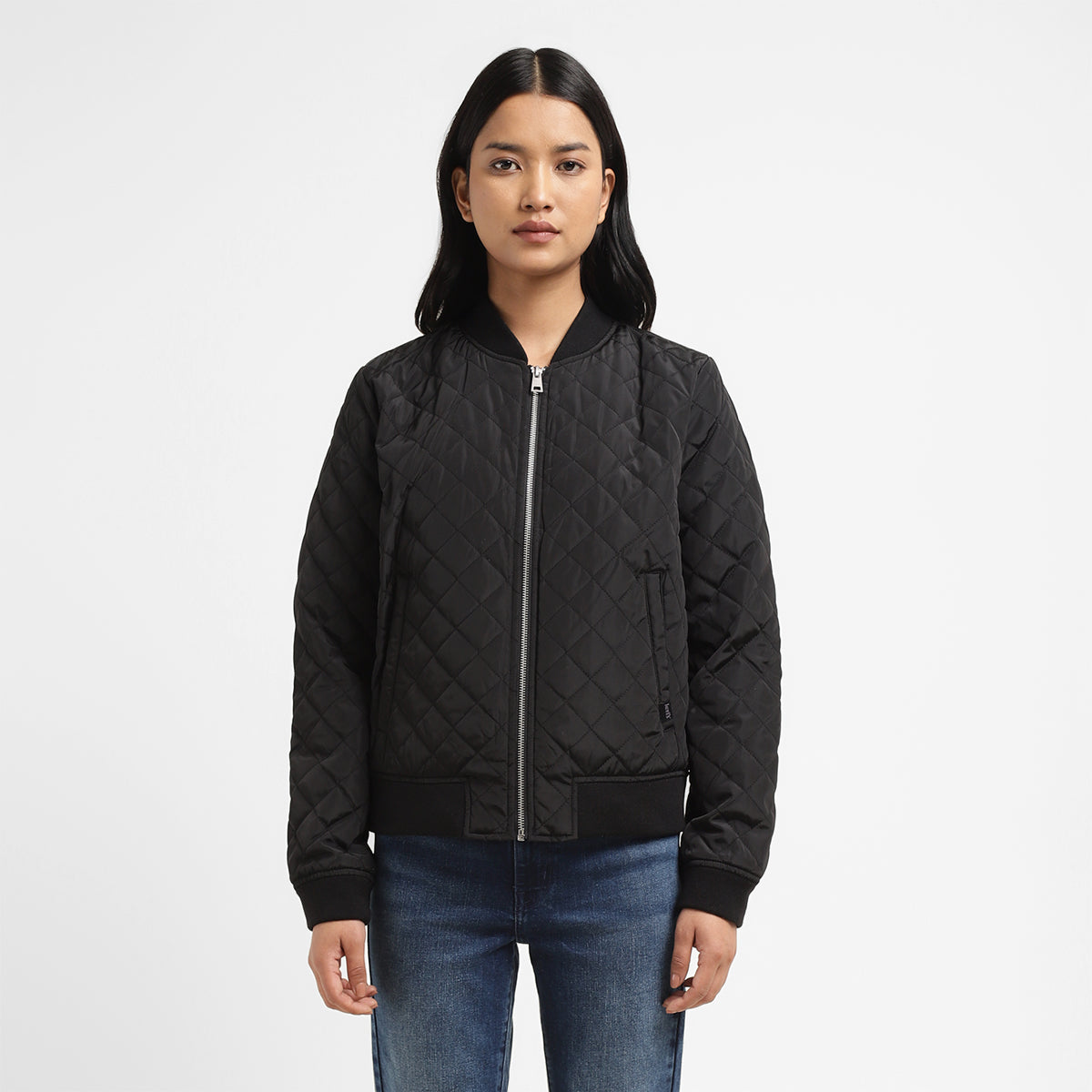 Women's Solid Black Collar Neck Jacket - Front View