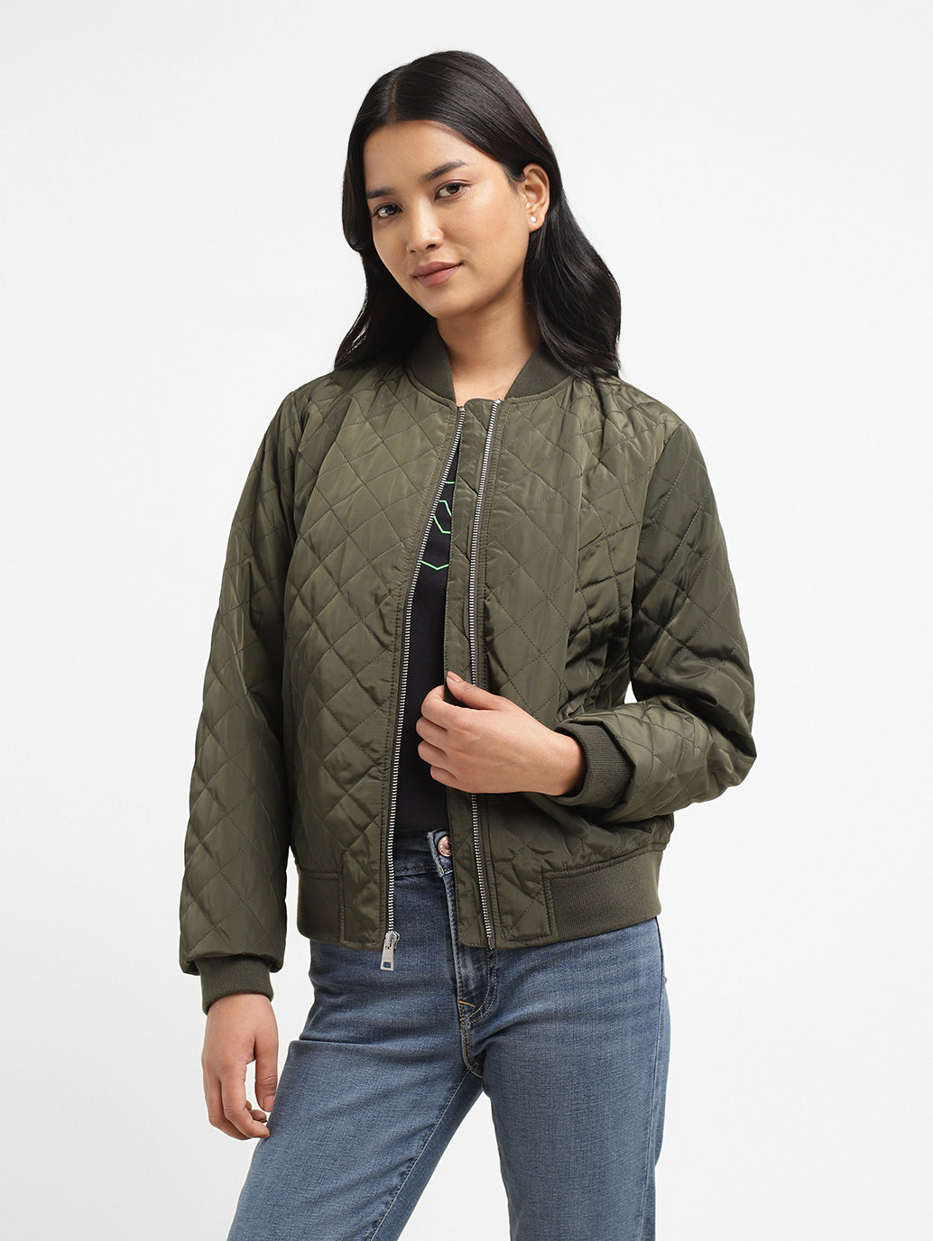Women's Solid Green Collar Neck Bomber Jacket - 428f70a7-381c-444a-a2ca-8a5e363f9b5d View