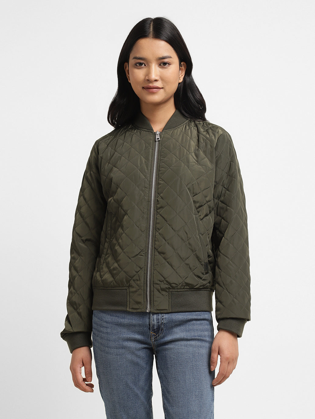 Women's Solid Green Collar Neck Bomber Jacket - 7ca15b43-3145-4190-b272-ab5999297da1 View