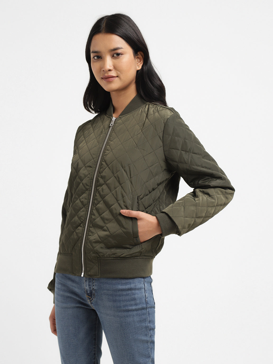 Women's Solid Green Collar Neck Bomber Jacket - 366ec946-83f1-48b1-9d2b-d754f3feefc7 View