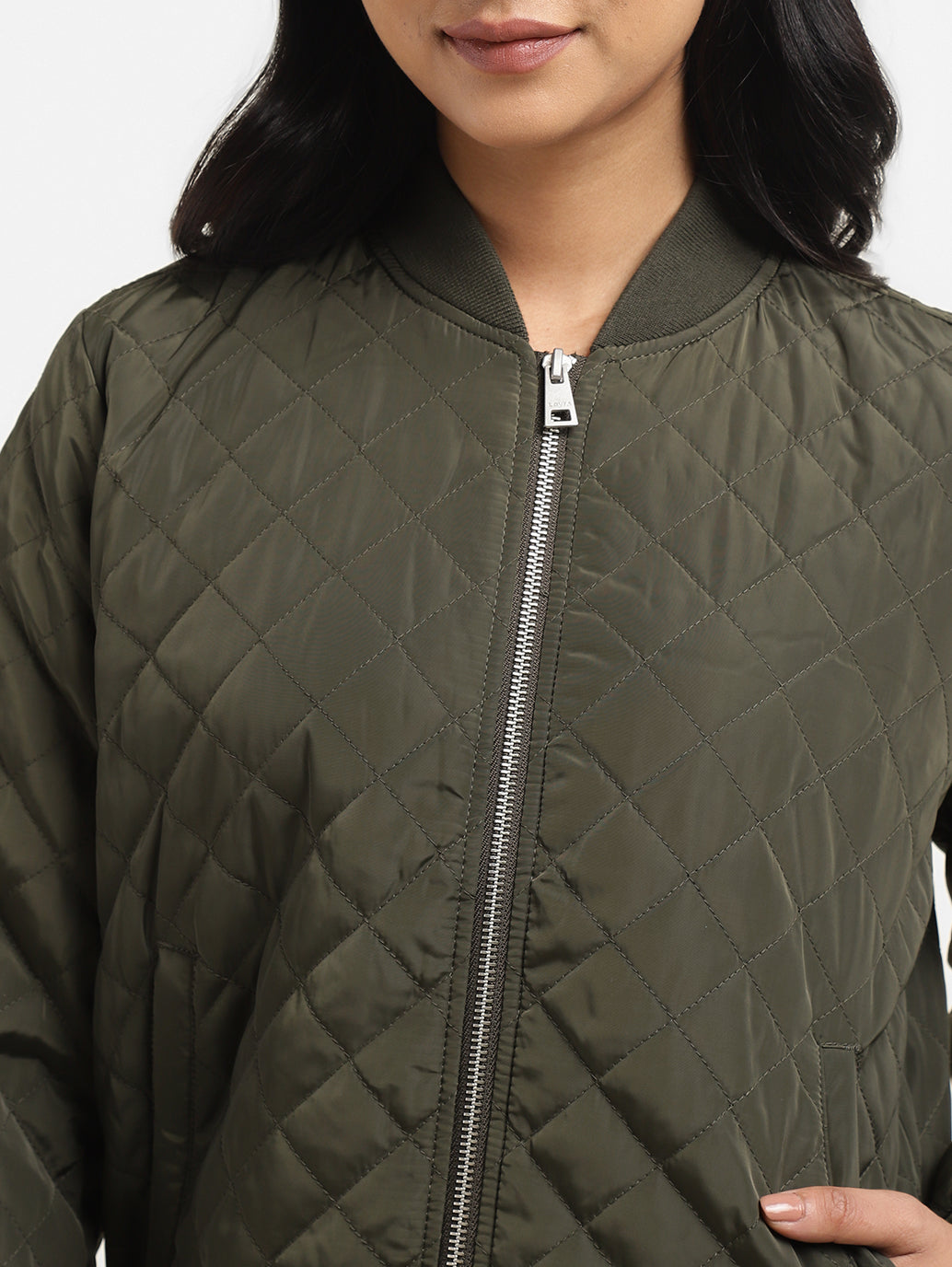Women's Solid Green Collar Neck Bomber Jacket - 54b42ebe-ad20-4e36-beea-4dd276044e3f View
