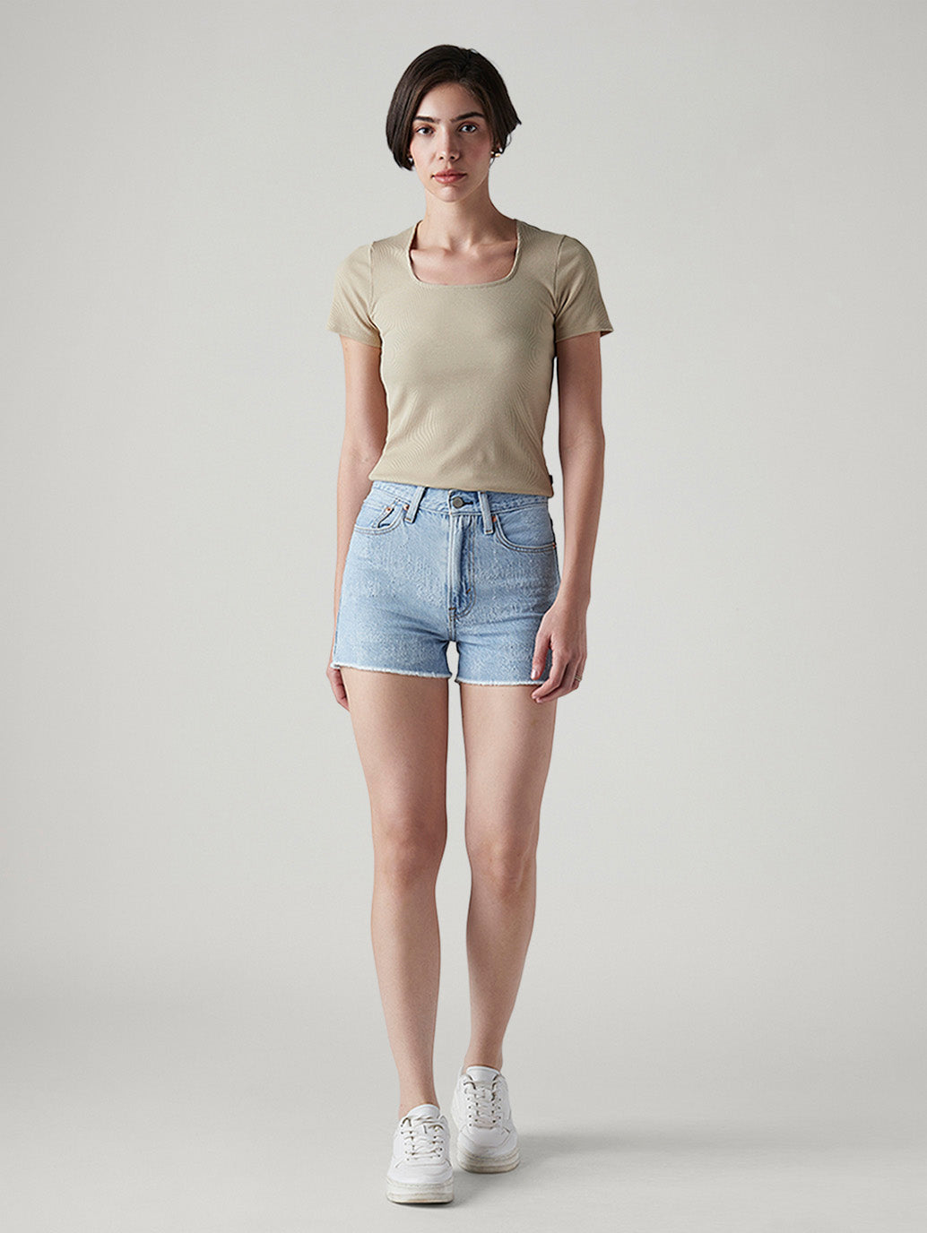 Women's Light Indigo Wedgie Fit Mid Rise Shorts - Front View