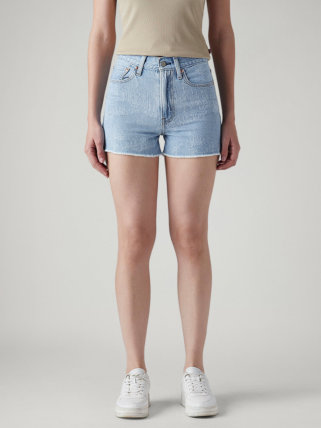 Women's Light Indigo Wedgie Fit Mid Rise Shorts - Front View