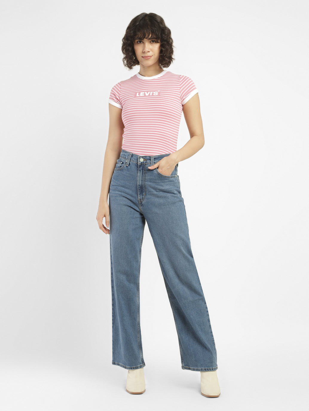 Women's Blue Loose Fit High Rise Jeans - ModelFront View