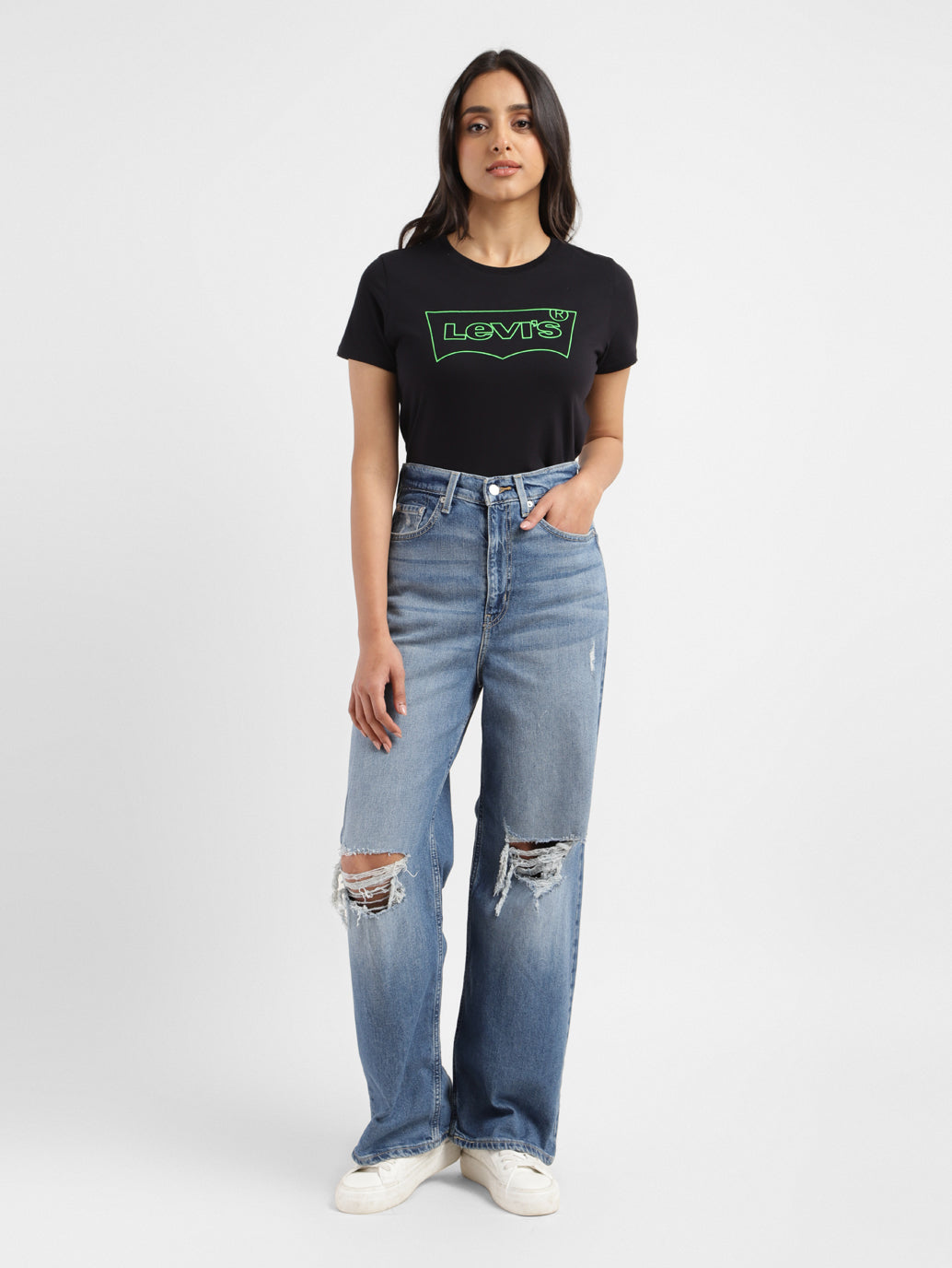 Women's Blue Loose Fit High Rise Jeans - StyleShot View