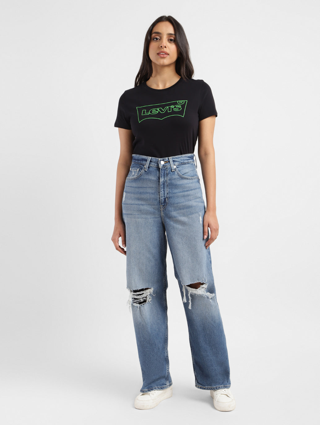 Women's Blue Loose Fit High Rise Jeans - ModelFront View