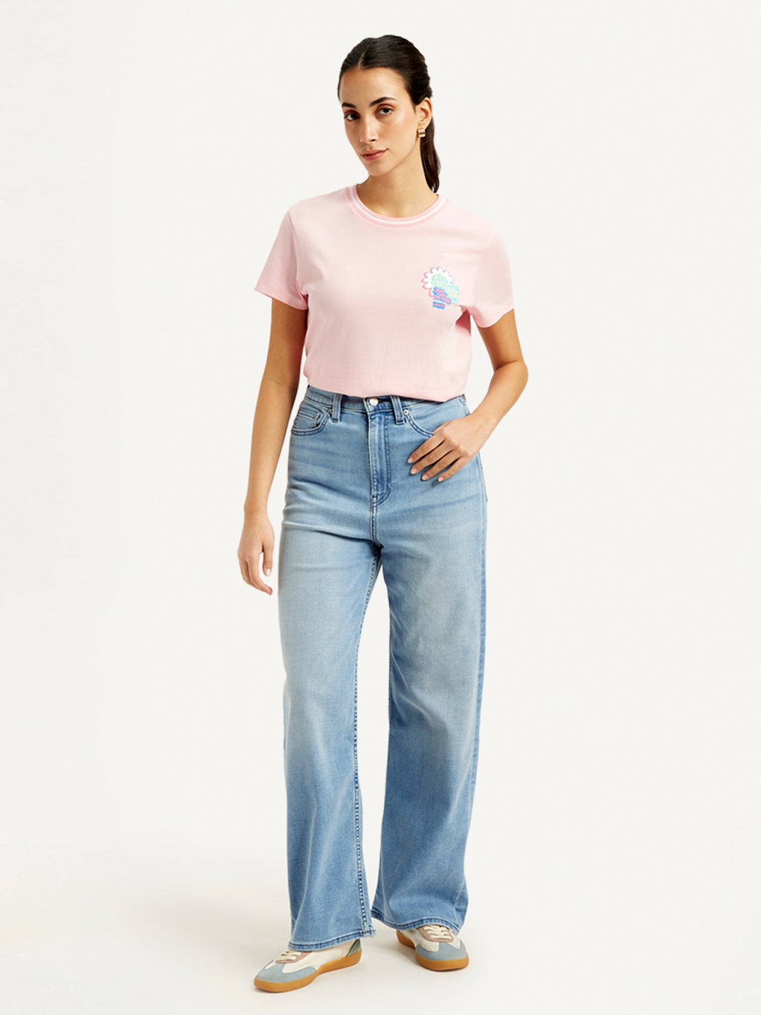 Women's Blue Loose Fit High Rise Jeans - Front View
