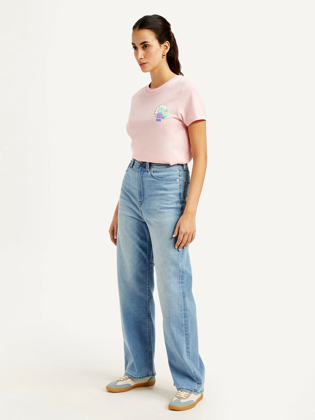Women's Blue Loose Fit High Rise Jeans - Side View