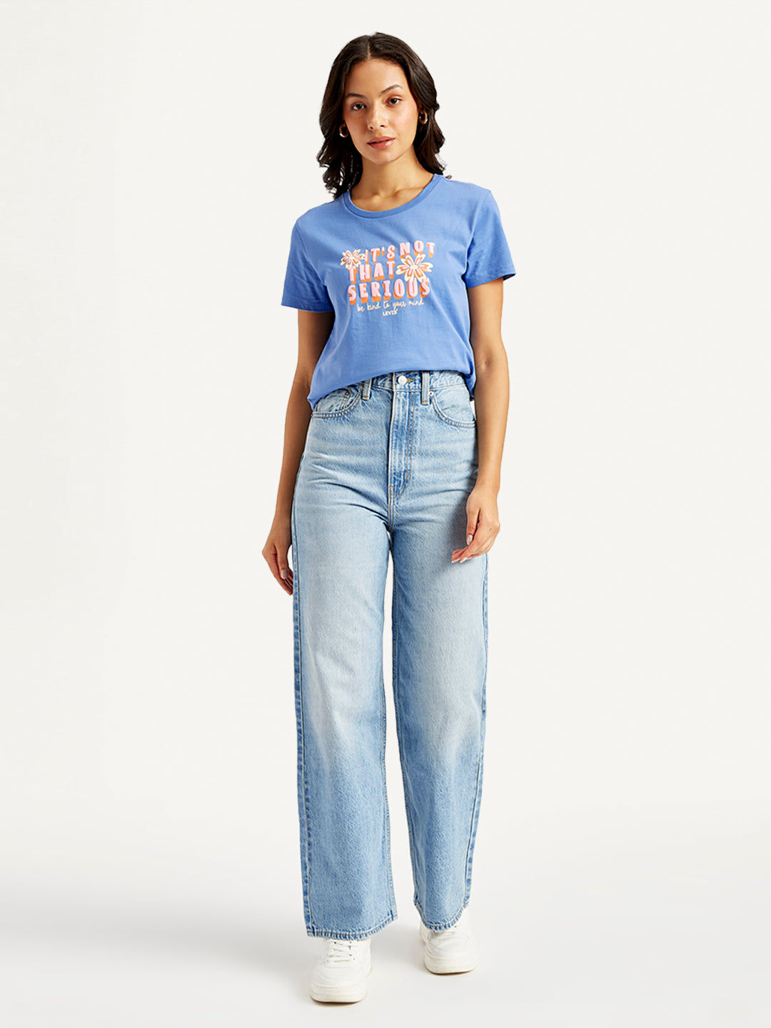 Women's Blue Loose Fit High Rise Jeans - Front View