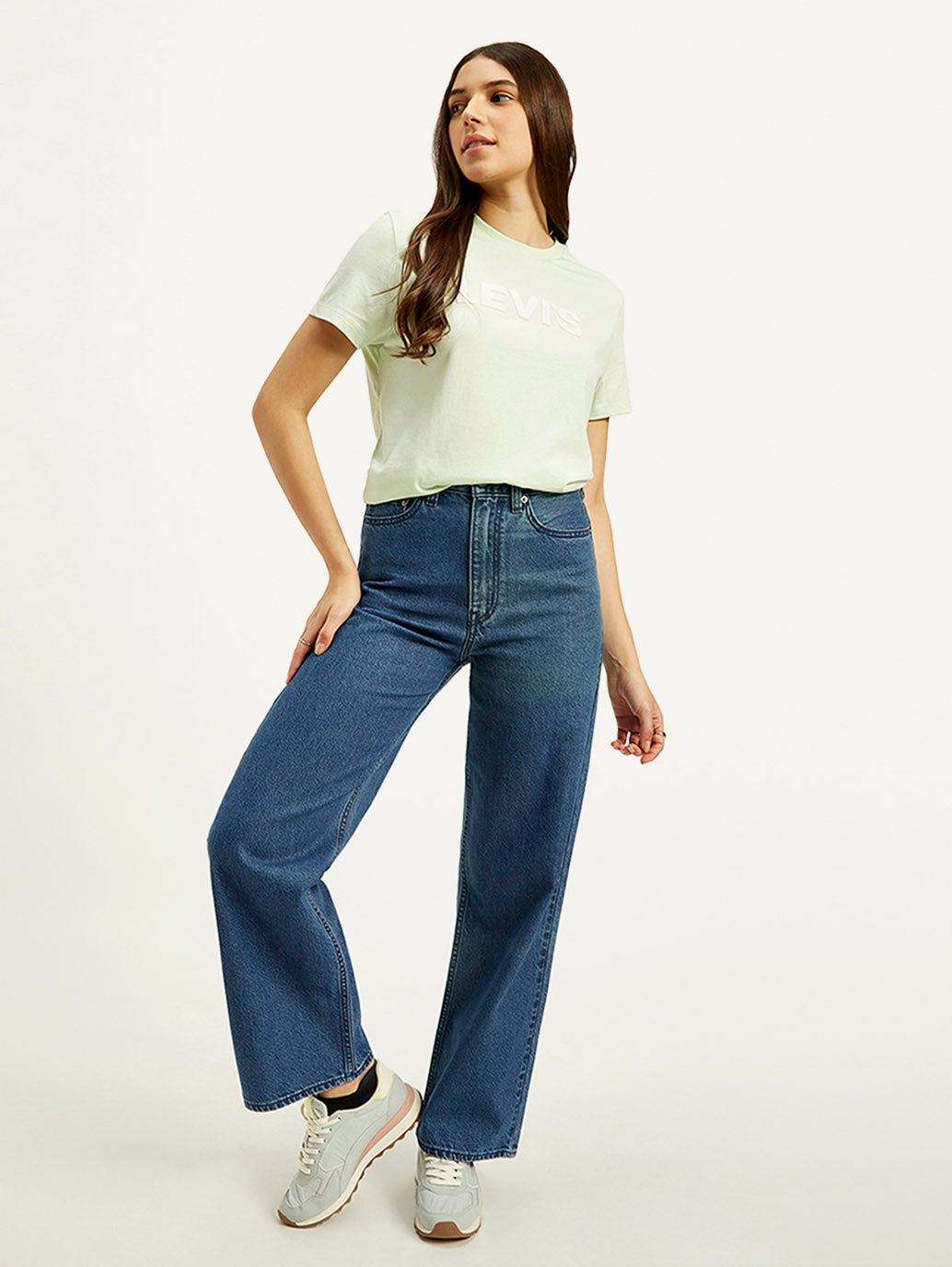 Women's Blue Loose Fit High Rise Jeans - Styleshot View