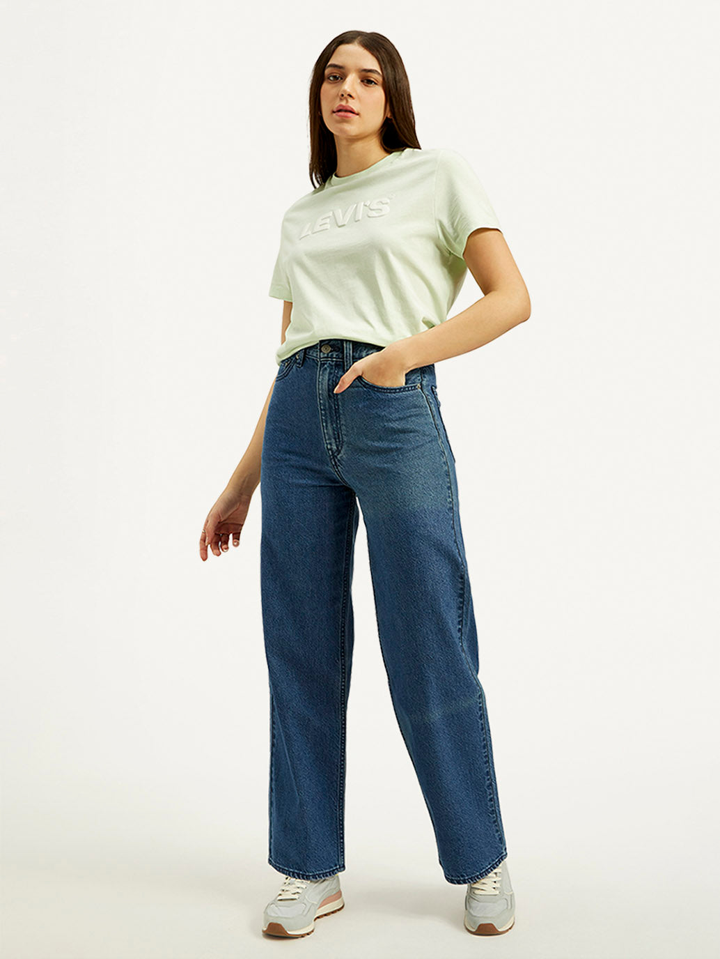 Women's Blue Loose Fit High Rise Jeans - Front View