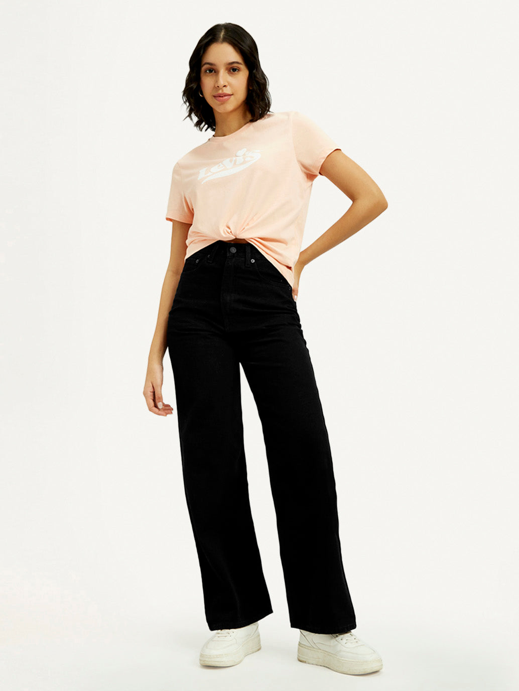 Women's Black Loose Fit High Rise Jeans - Elevated View