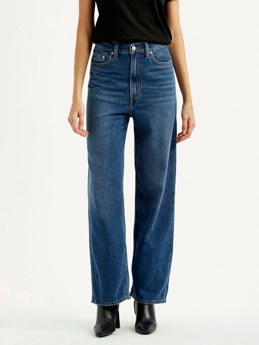 Women's Dark Blue Loose Fit High Rise Jeans - Front View