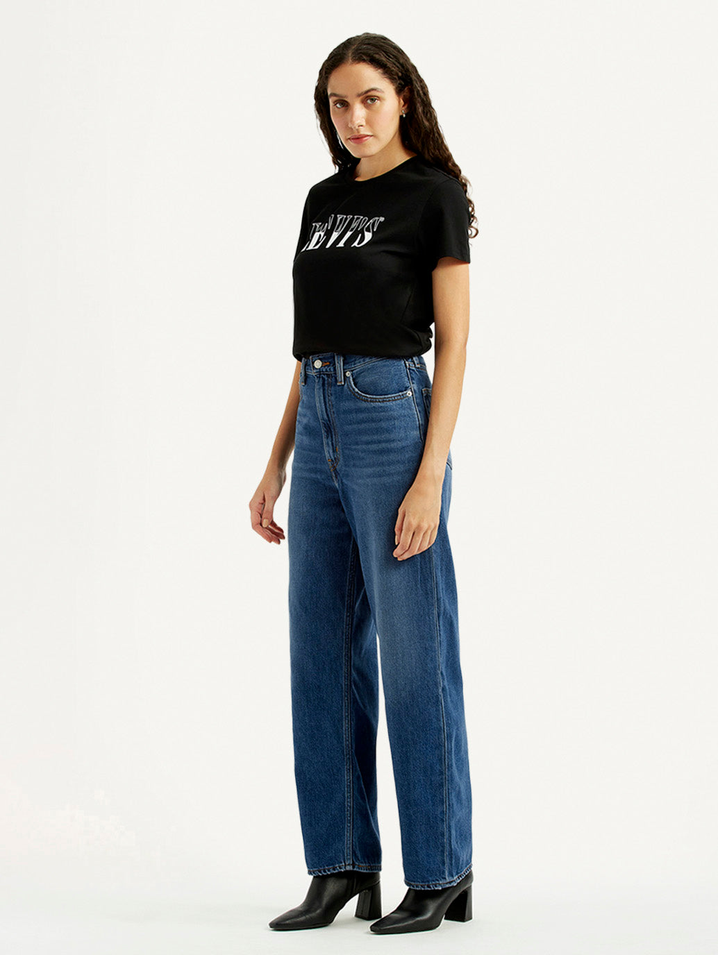 Women's Dark Blue Loose Fit High Rise Jeans - Side View