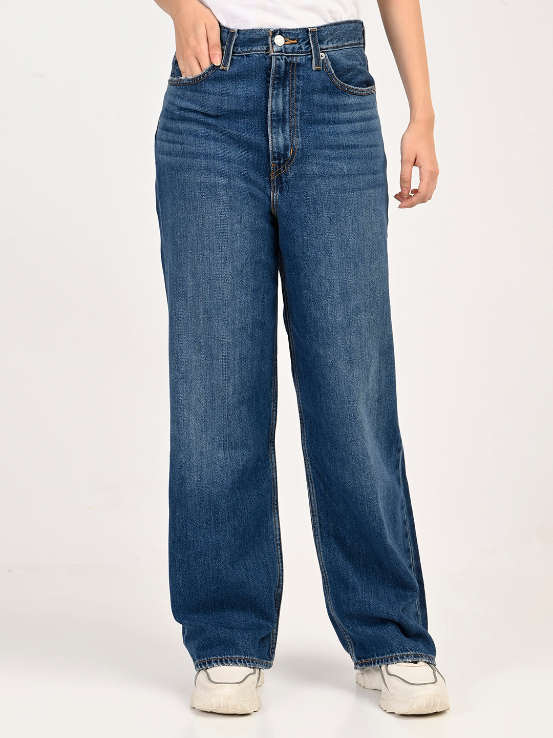 Women's Dark Blue Loose Fit High Rise Jeans - front View