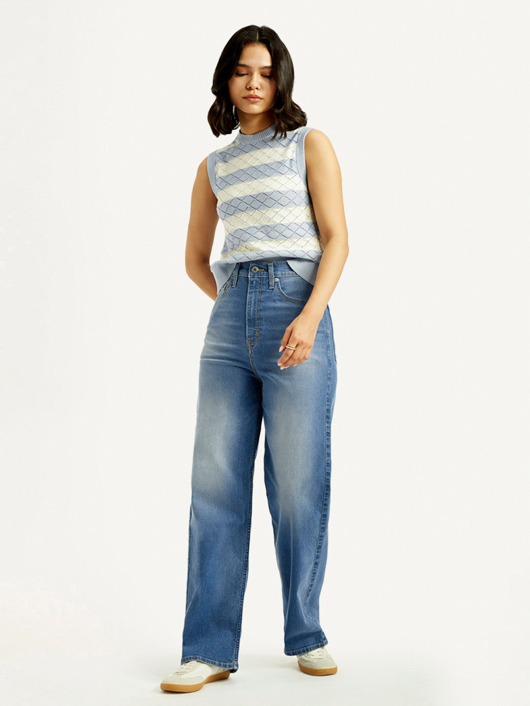 Women's Med Indigo Loose Fit High Rise Jeans - Styleshot View