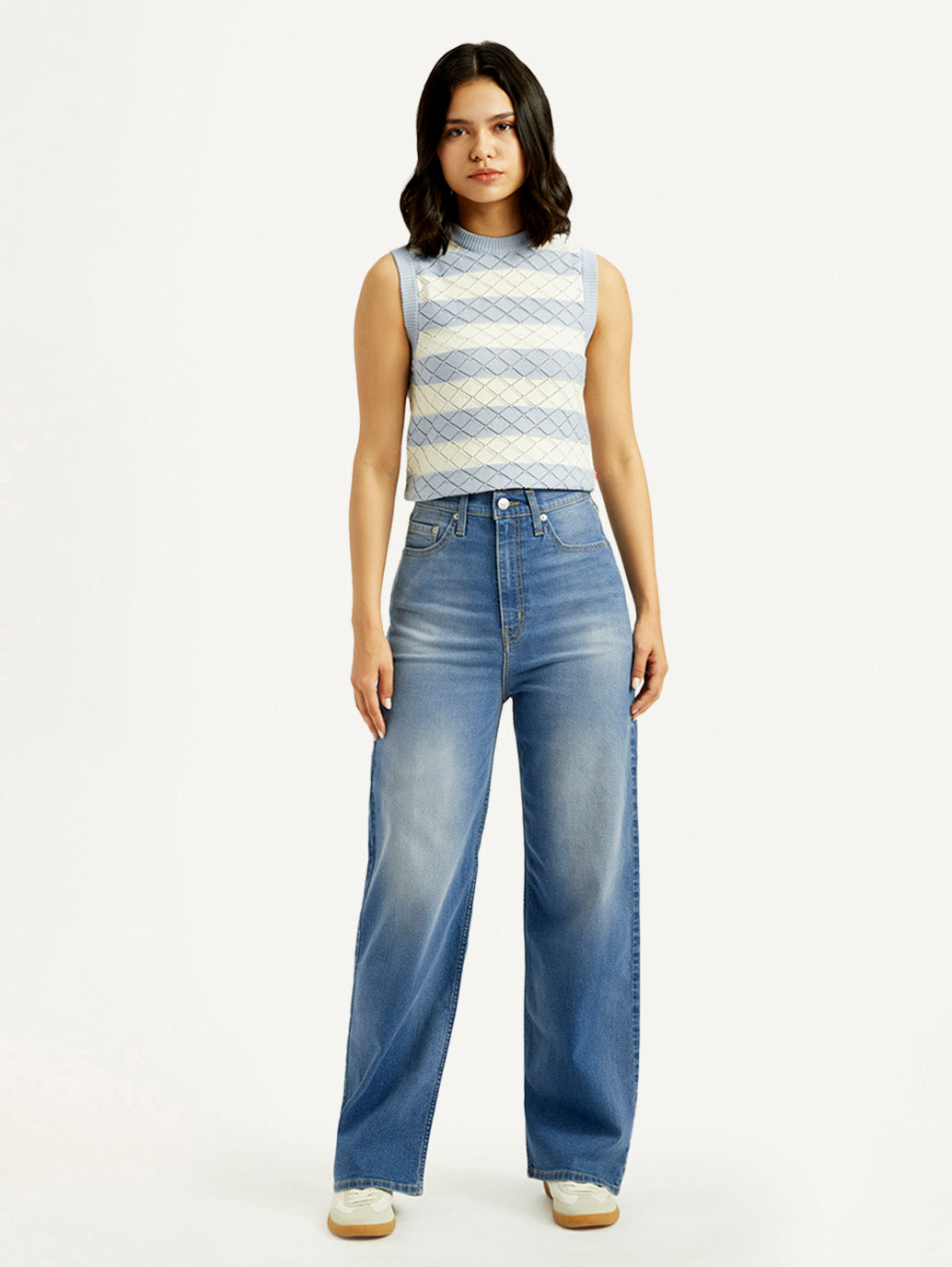 Women's Med Indigo Loose Fit High Rise Jeans - Front View