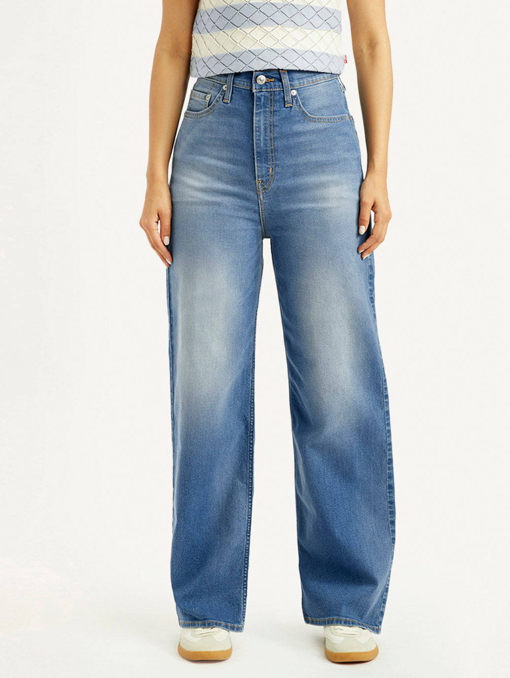 Women's Med Indigo Loose Fit High Rise Jeans - Front View