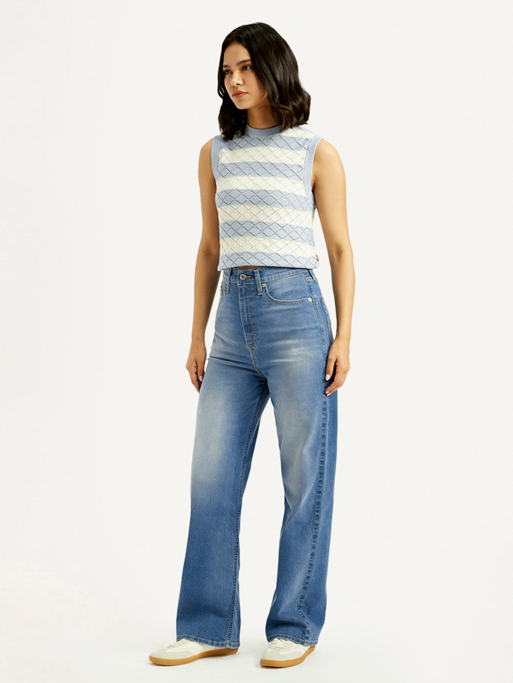 Women's Med Indigo Loose Fit High Rise Jeans - Side View