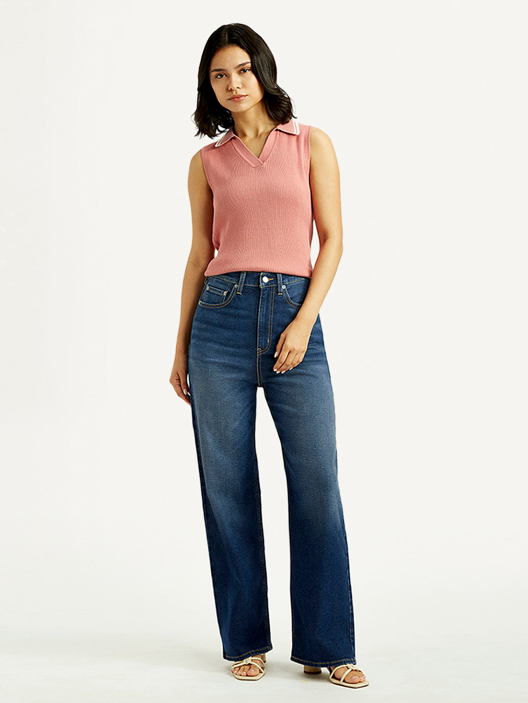 Women's Dark Blue Wide Leg Fit High Rise Jeans - Front View