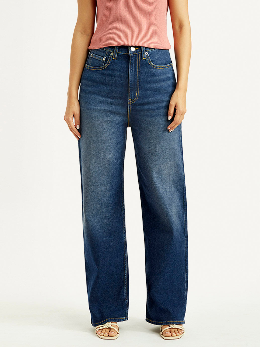 Women's Dark Blue Wide Leg Fit High Rise Jeans - Front View