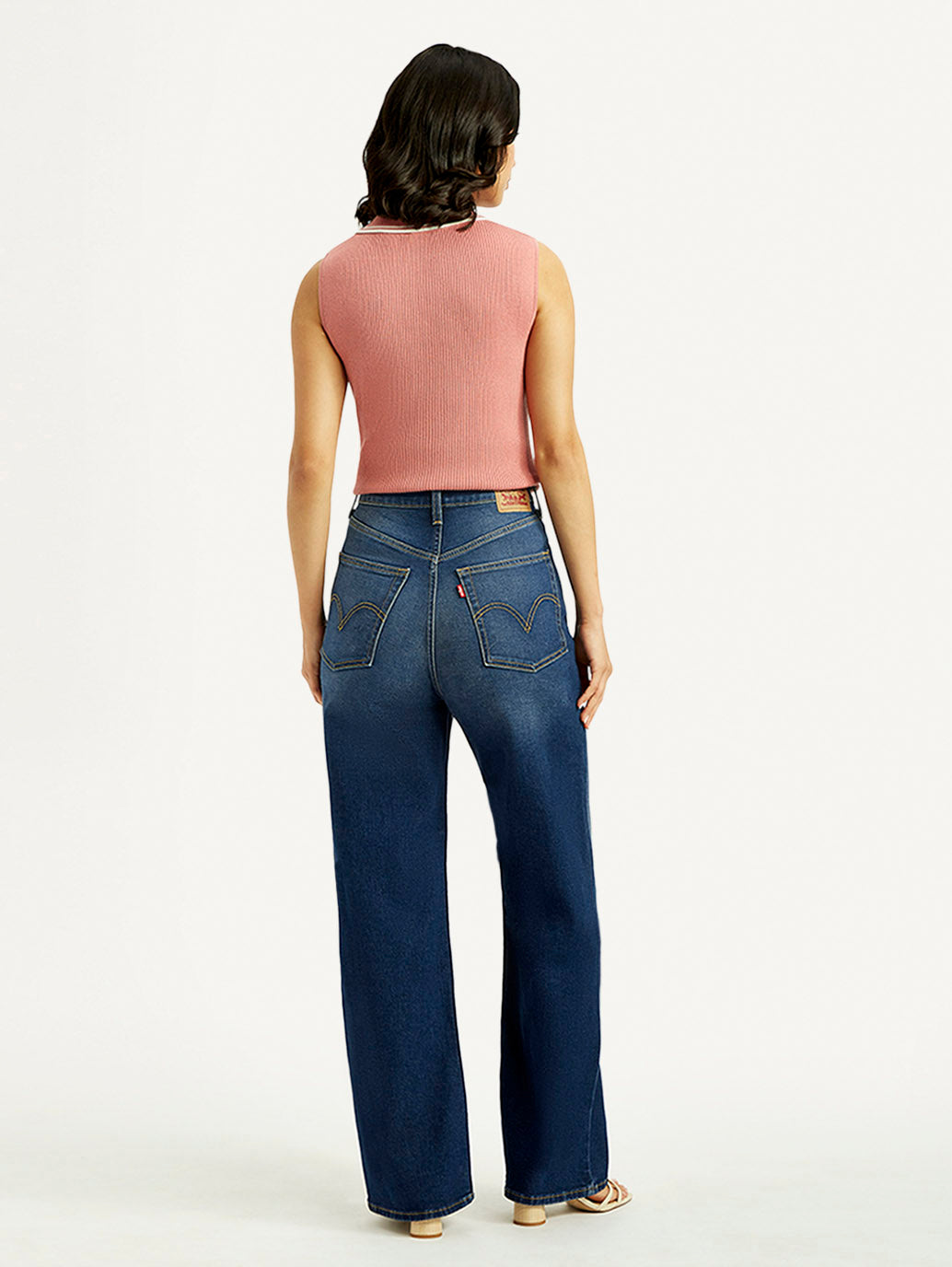 Women's Dark Blue Wide Leg Fit High Rise Jeans - Back View